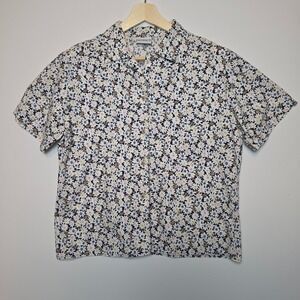 Koret Floral Daisy Print Button Up Short Sleeve Shirt Navy Blue Size 12